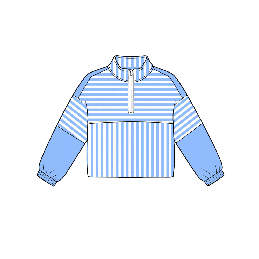 6.19 GT1716 Preorder Blue Stripes Print Girls Long Sleeve Zipper Pullover Yoga Top