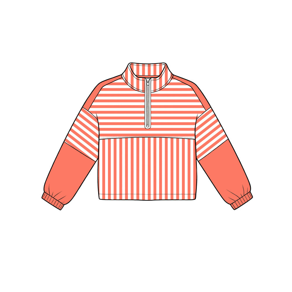 6.19 GT1717 Preorder Orange Stripes Print Girls Long Sleeve Zipper Pullover Yoga Top