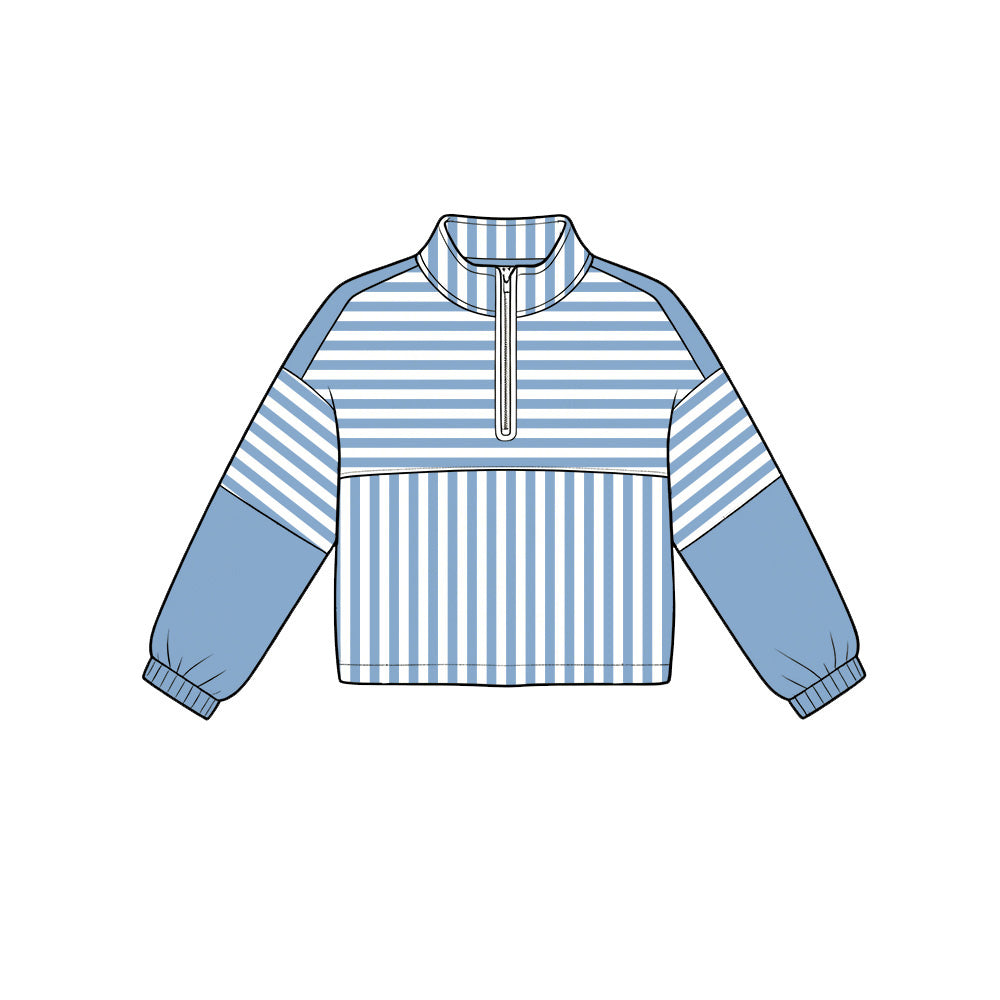 6.19 GT1720 Preorder Blue Stripes Print Girls Long Sleeve Zipper Pullover Yoga Top