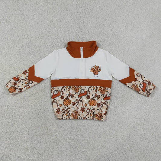 GT1723 Turkey Pie Bows Checkered Girls Thanksgiving Zipper Pullover Top