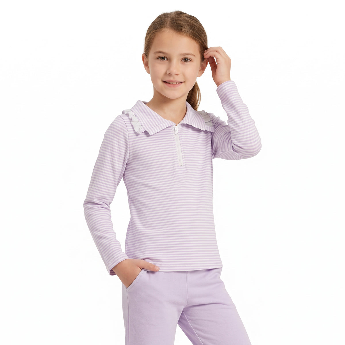 GT1758 Purple Striped Girls Long Sleeve Zipper Pullover Top