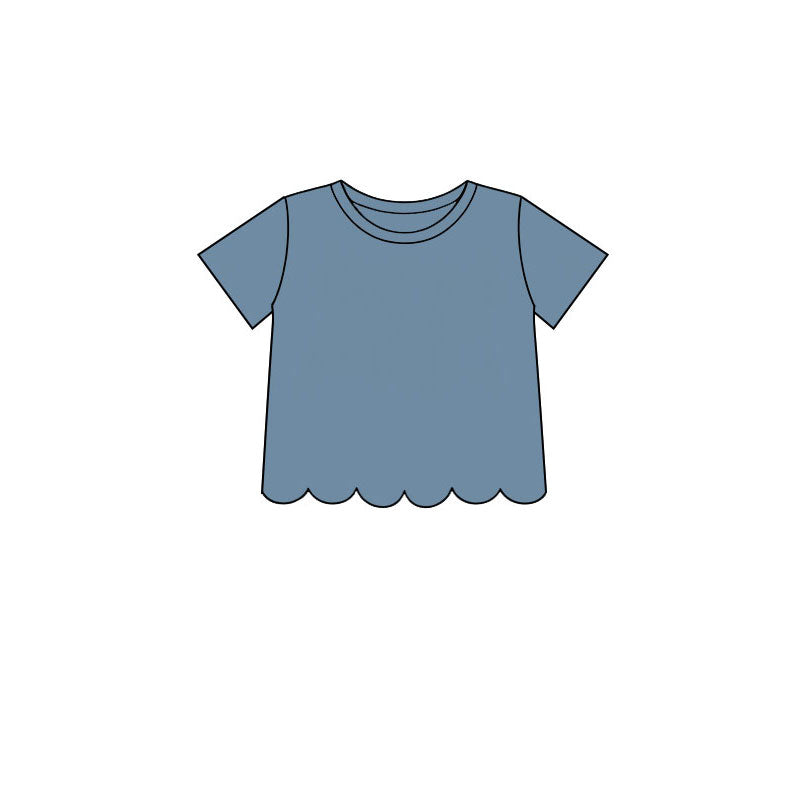 7.14 GT1769 Preorder Blue Cotton Girls Scallop Edge Short Sleeve T-shirts Top