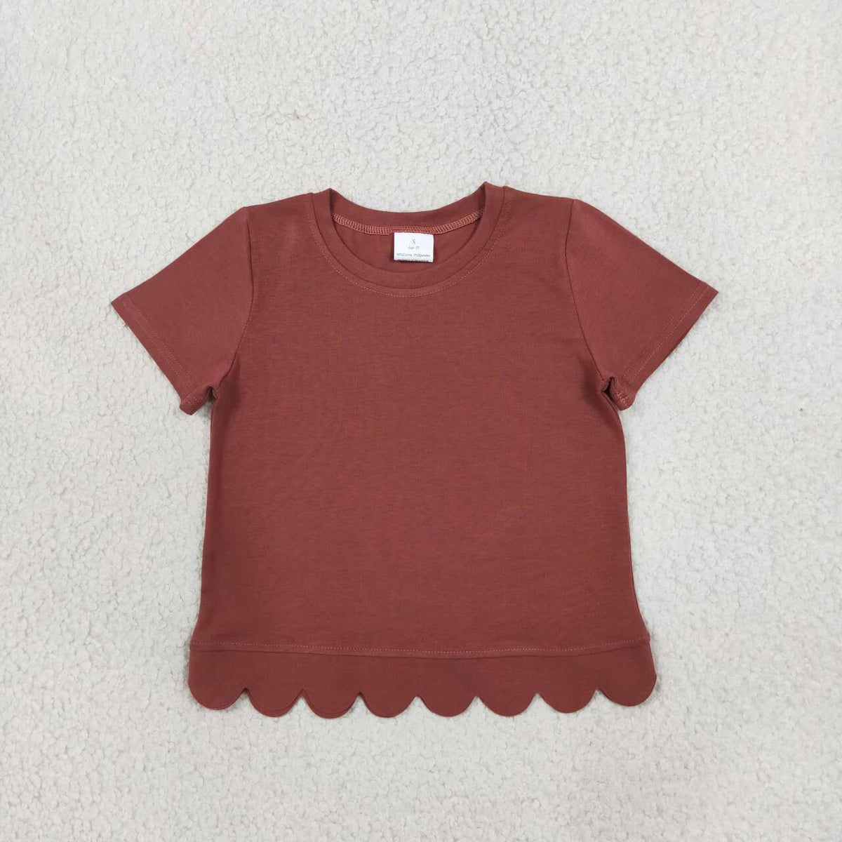 GT1777 Brown Cotton Girls Scallop Edge Short Sleeve T-shirts Top
