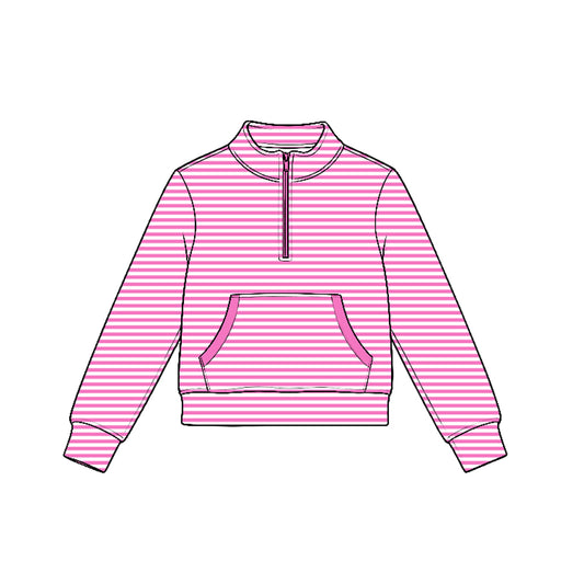 7.21 GT1783 Preorder Pink Stripes Girls Long Sleeve Zipper Pocket Yoga Pullover Top