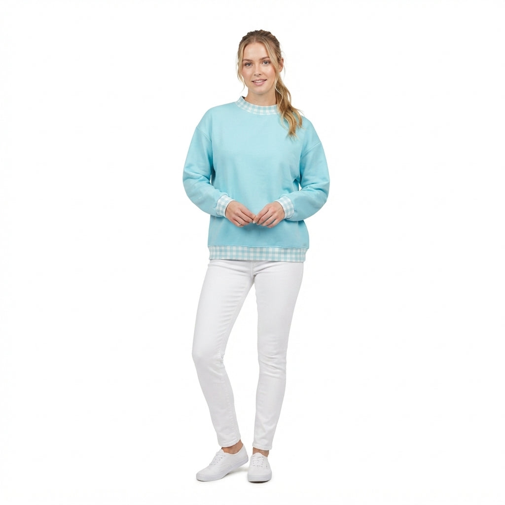 GT1795 Blue Gingham Trim Neck Cuff Hem Woman Long Sleeve Sweatshirt Top