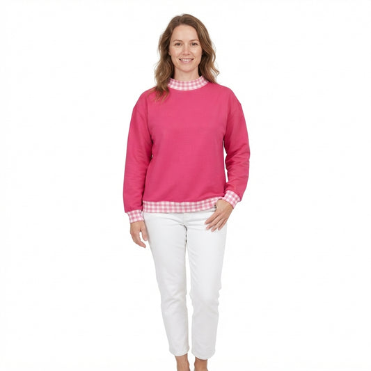 GT1796 Hot Pink Gingham Trim Neck Cuff Hem Woman Long Sleeve Sweatshirt Top