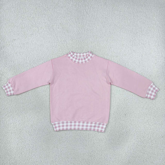GT1798 Pink With Gingham Plaid Trim Girls Long Sleeve Sweatshirt Tops