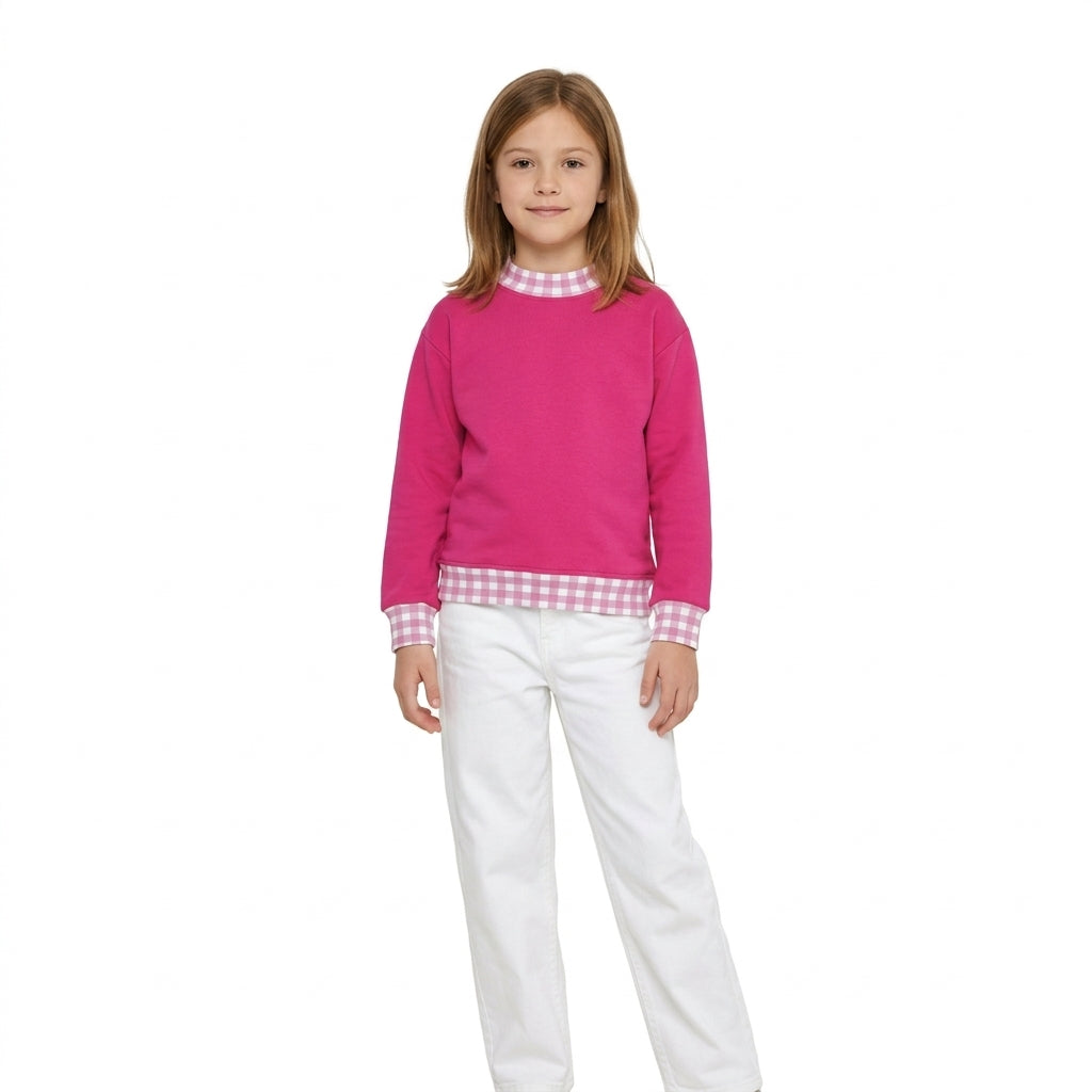 GT1800 Hot Pink With Gingham Plaid Trim Girls Long Sleeve Sweatshirt Tops