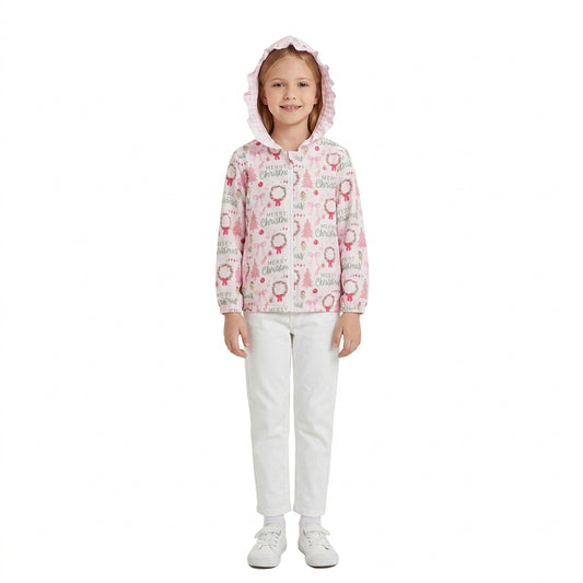 GT1822 Tree Bows Pink Checkered Print Girls Christmas Zipper Hoodie Jackets Top