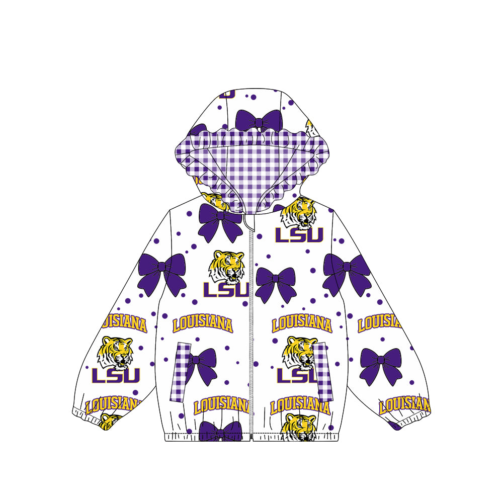 9.5 Preorder Baby Girls Sport Team LSU Bow Gingham Trim Long Sleeve jacket