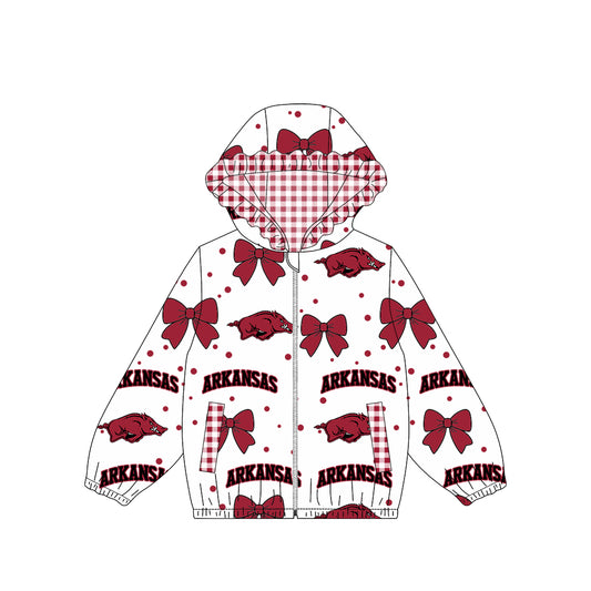 9.5 Preorder Baby Girls Sport Team Arkansas Bow Gingham Trim Long Sleeve jacket