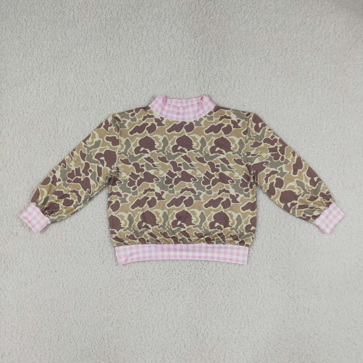 GT1841 Brown Camo Pink Gingham Print Girls Mock Neck Sweatshirt Top