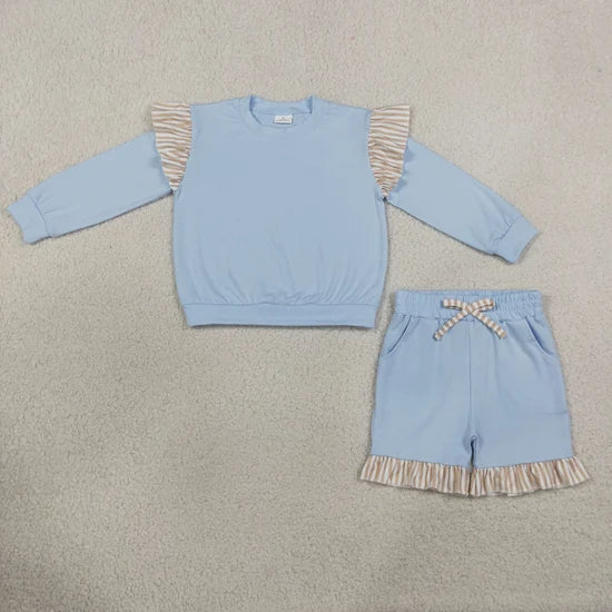 Sibling Kids Girls Light Blue Long Sleeve Top with Pants and Shorts Outfit