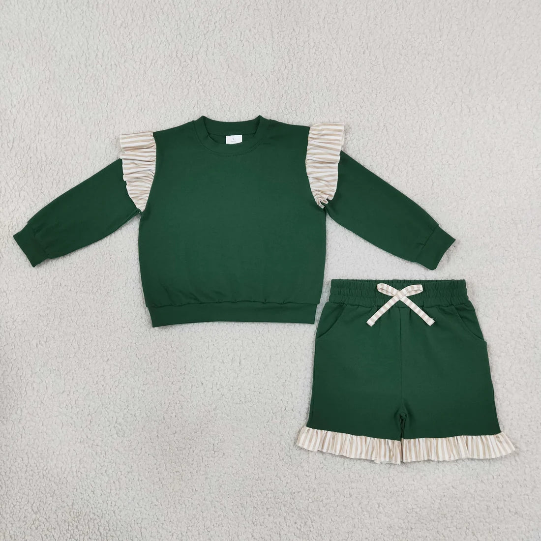 Sibling Kids Girls Green Long Sleeve Top Pants and Shorts Outfit With khaki Striped Ruffle