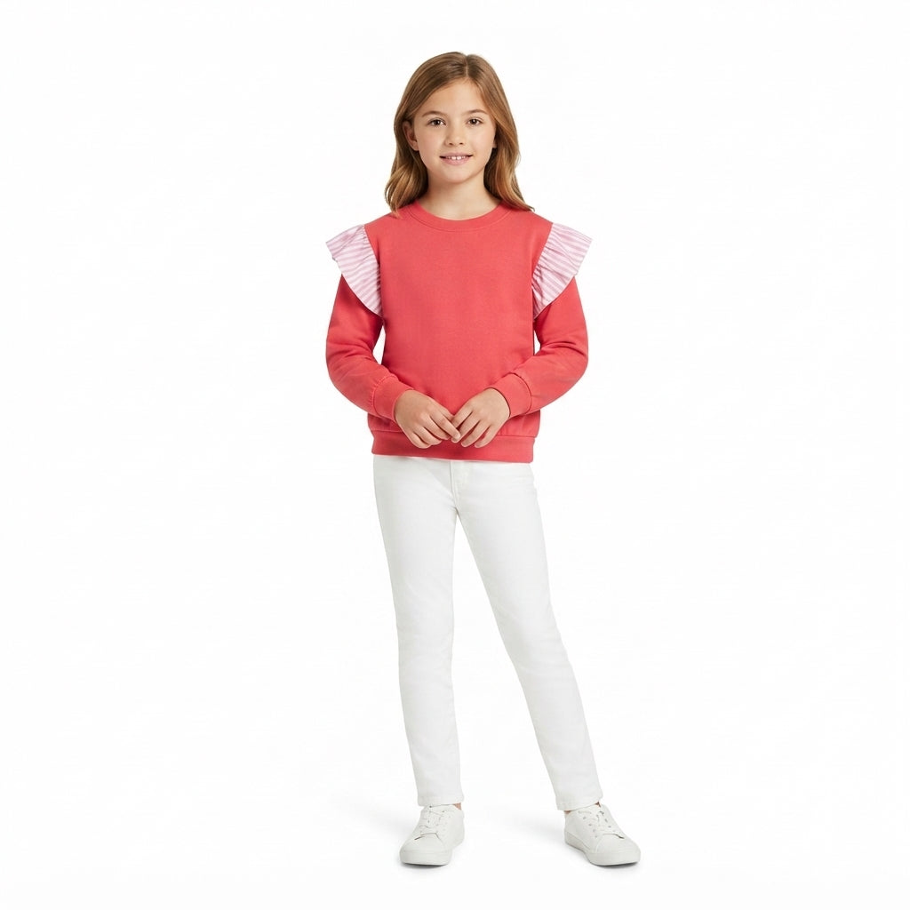 GT1848 Girls Watermelon Red Striped Flutter Sleeve Sweatshirt Tops