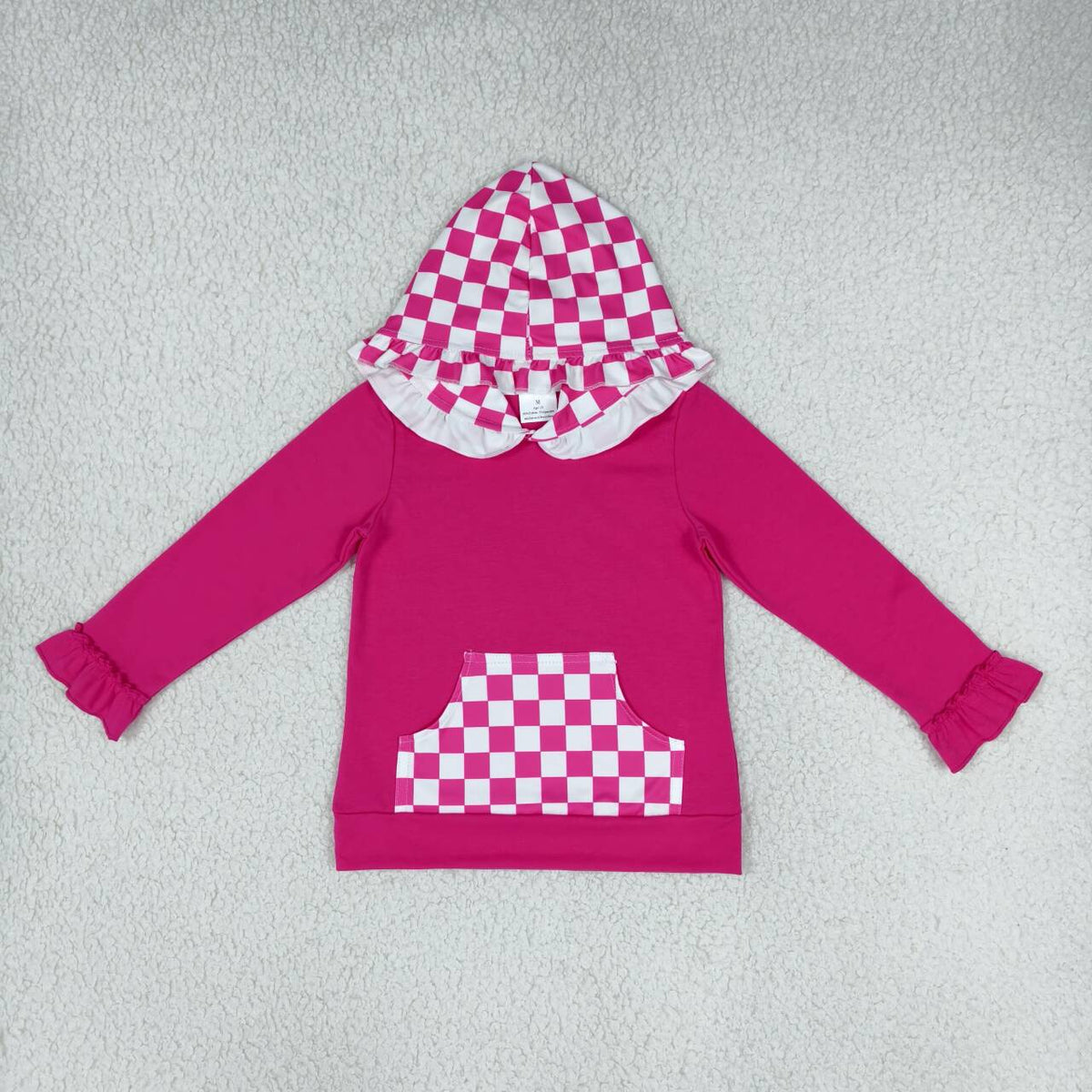 GT1851 Girls Hot Pink Checkered Pocket Hoodie Top
