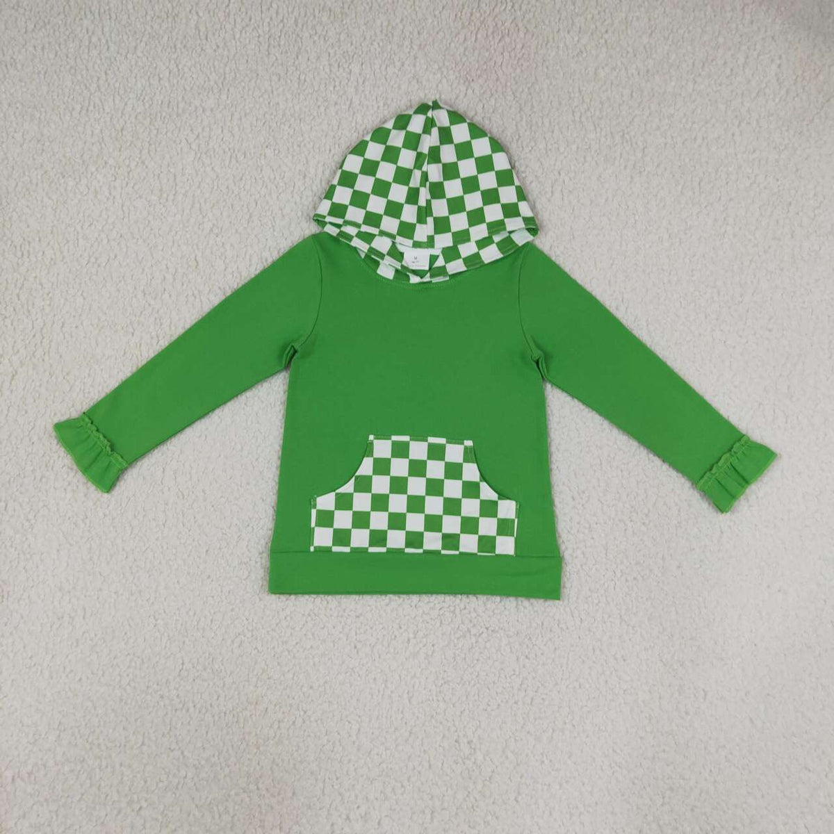 GT1855 Green Checkered Pocket Girls Long Sleeve Hoodie Top