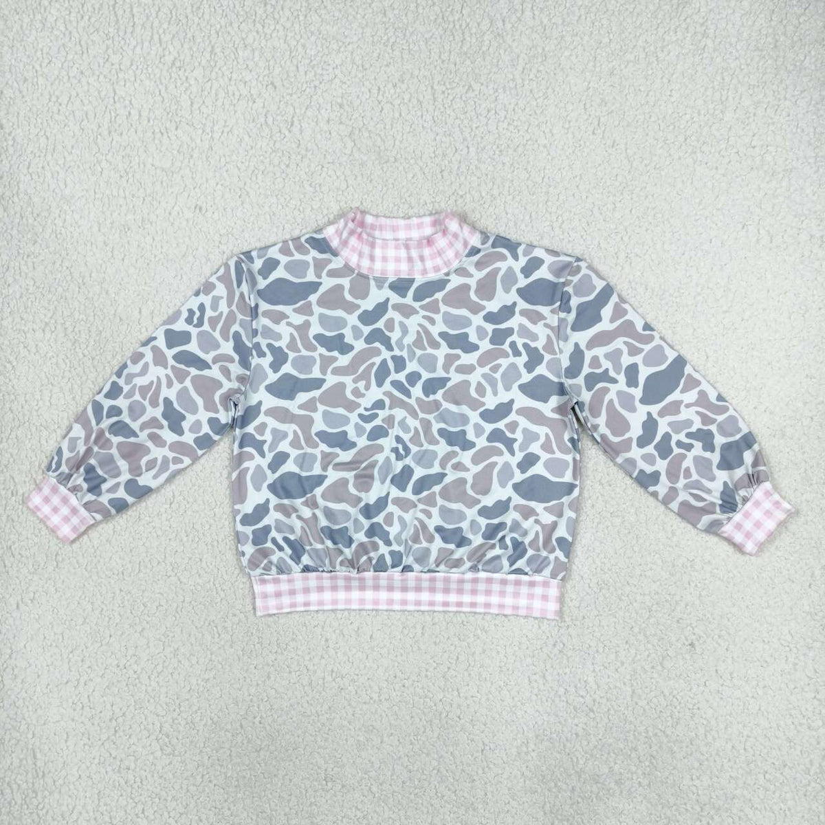 GT1874 Grey Camo Pink Gingham Print Girls Mock Neck Sweatshirt Top