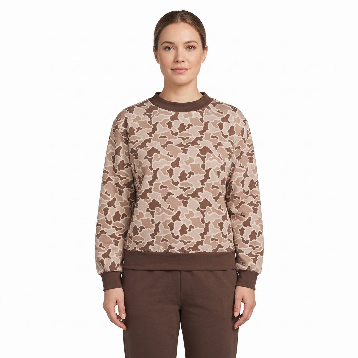 GT1879 Adult Brown Camo Print Woman Mock Neck Long Sleeve Tee Shirts Top