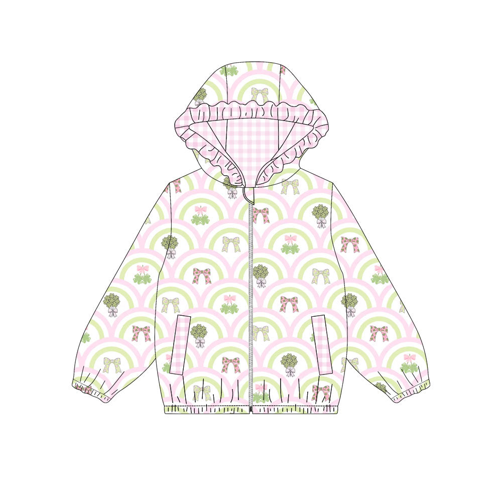 9.15 Preorder GT1933 4‑leaf Clovers Bows Rainbow Print Girls St Patrick Day Pockets Zipper Hoodie Jackets Top