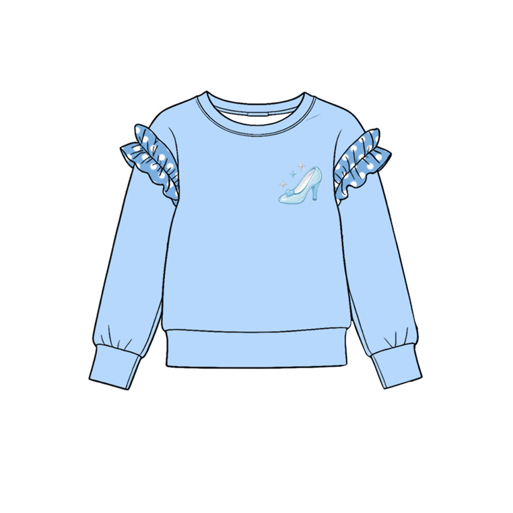 10.21 GT1991 Preorder Glass Slipper Print Dot Ruffle Flutter Sleeve Girls Blue Tee Shirts Top