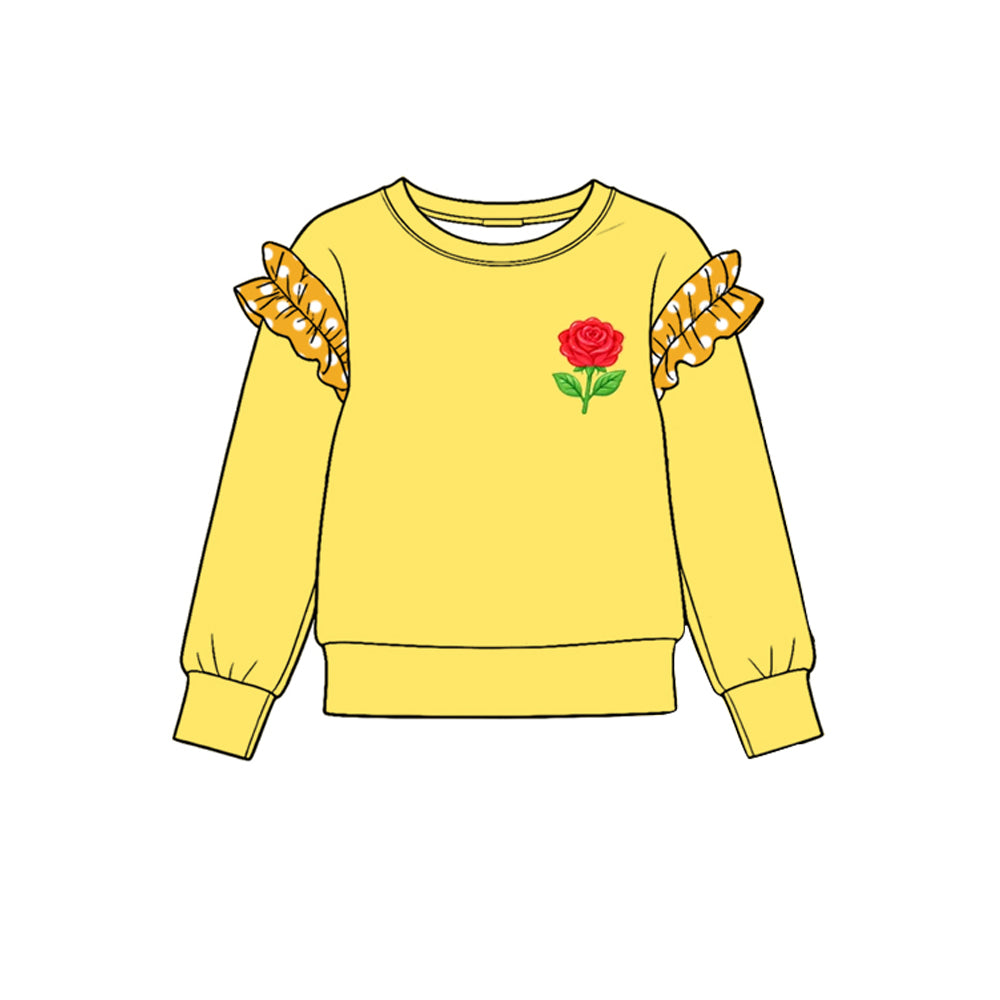 10.21 GT1992 Preorder Rose Print Dot Ruffle Flutter Sleeve Girls Bright Yellow Tee Shirts Top