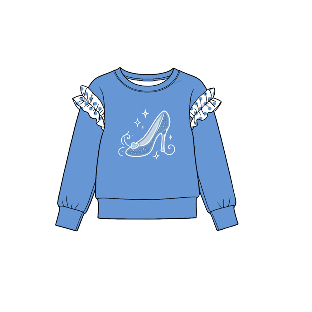 10.22 GT2002 Preorder Glass Slipper Print Dot Ruffle Flutter Sleeve Girls Blue Tee Shirts Top