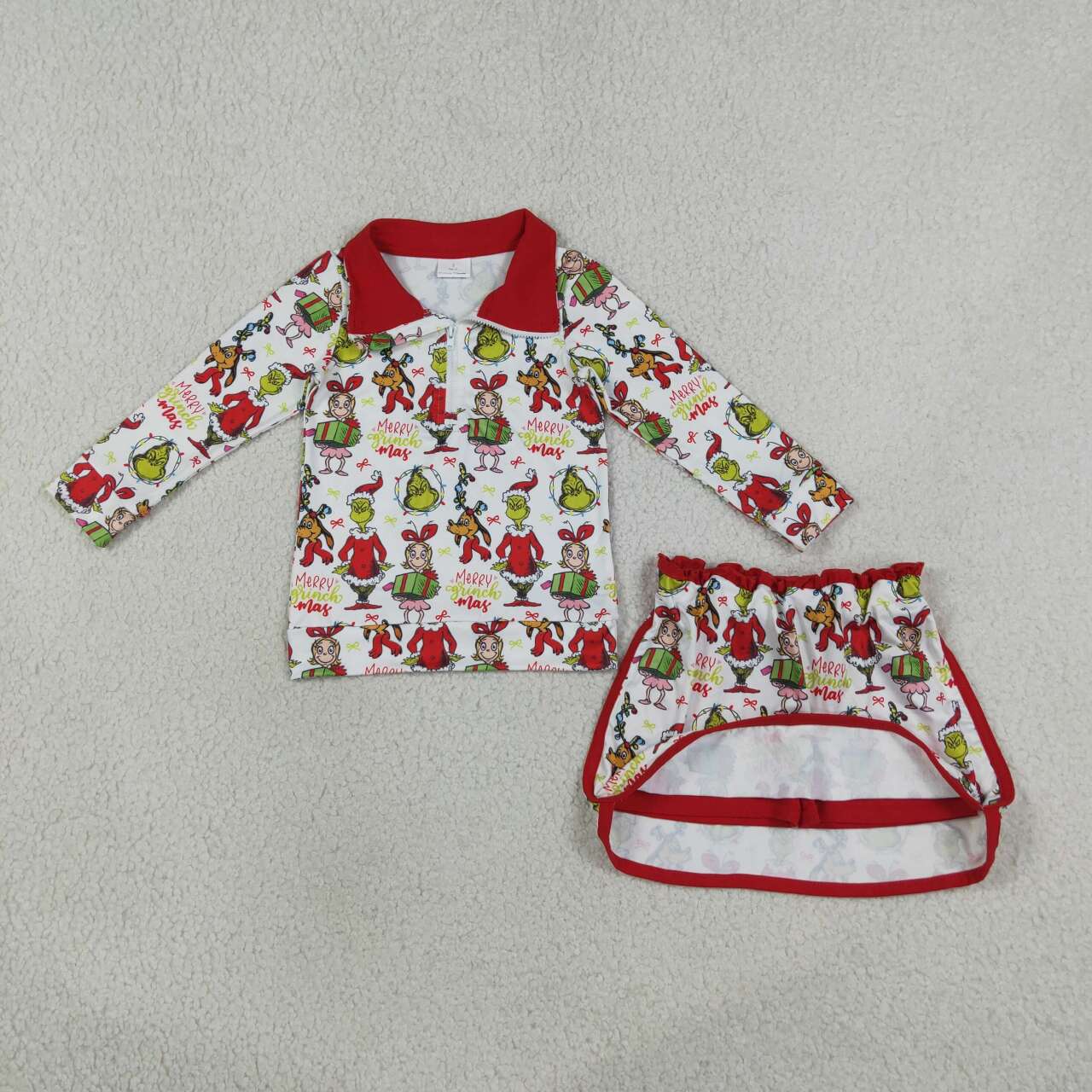 Girls Green Face Christmas Outfit - Half Zip Top & Skirt Set