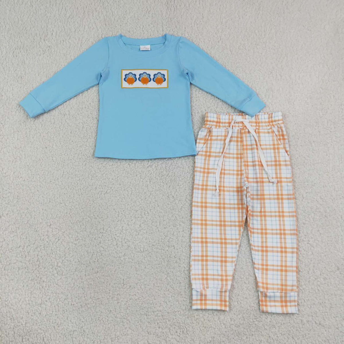 BLP1498 Pumpkin Turkey Blue Top Orange Checkerd Pants Boys Thanksgiving Clothes Set