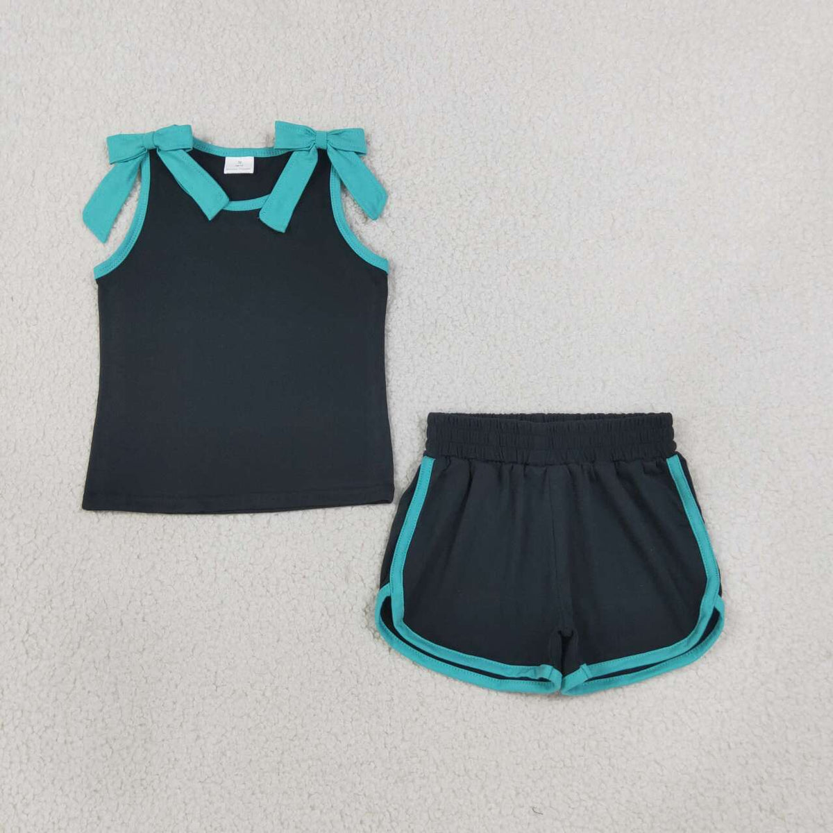 Blue Bows Black Cotton Tank Top Shorts Girls Summer Teams Clothes Set