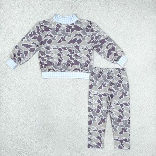BLP1567 Dark Brown Camo Blue Gingham Mock Neck Top Pants Boys Fall Clothes Set