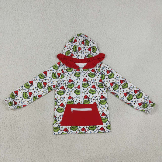 GT1163 Green Frog Lights Print Girls Christmas Long Sleeve Zipper Pocket Hoodie Top