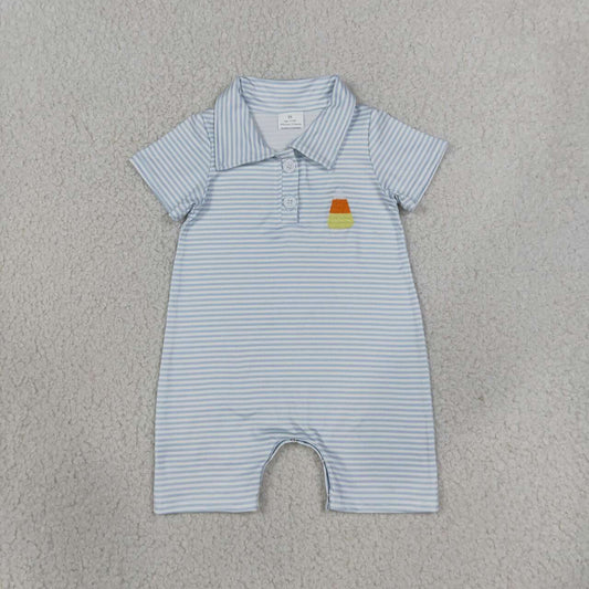 SR4281 Candy Corn Embroidery Blue Striped Baby Boys Halloween Short Sleeve Polo Shirt Romper