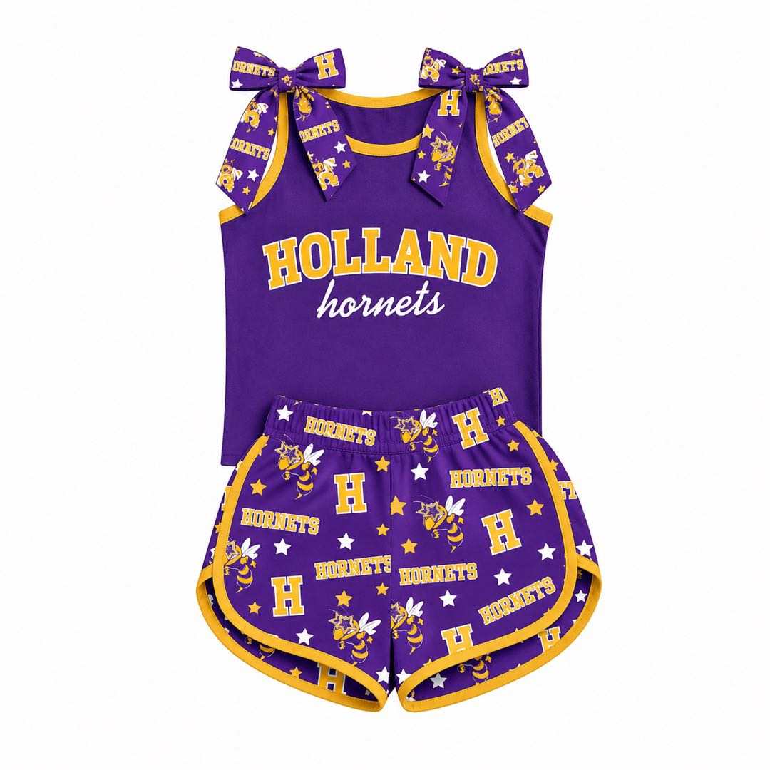 (Custom Design Preorder MOQ 5) Teams Holland Hornets Bows Top Stars Shorts Mommy and Me Summer Clothes Set