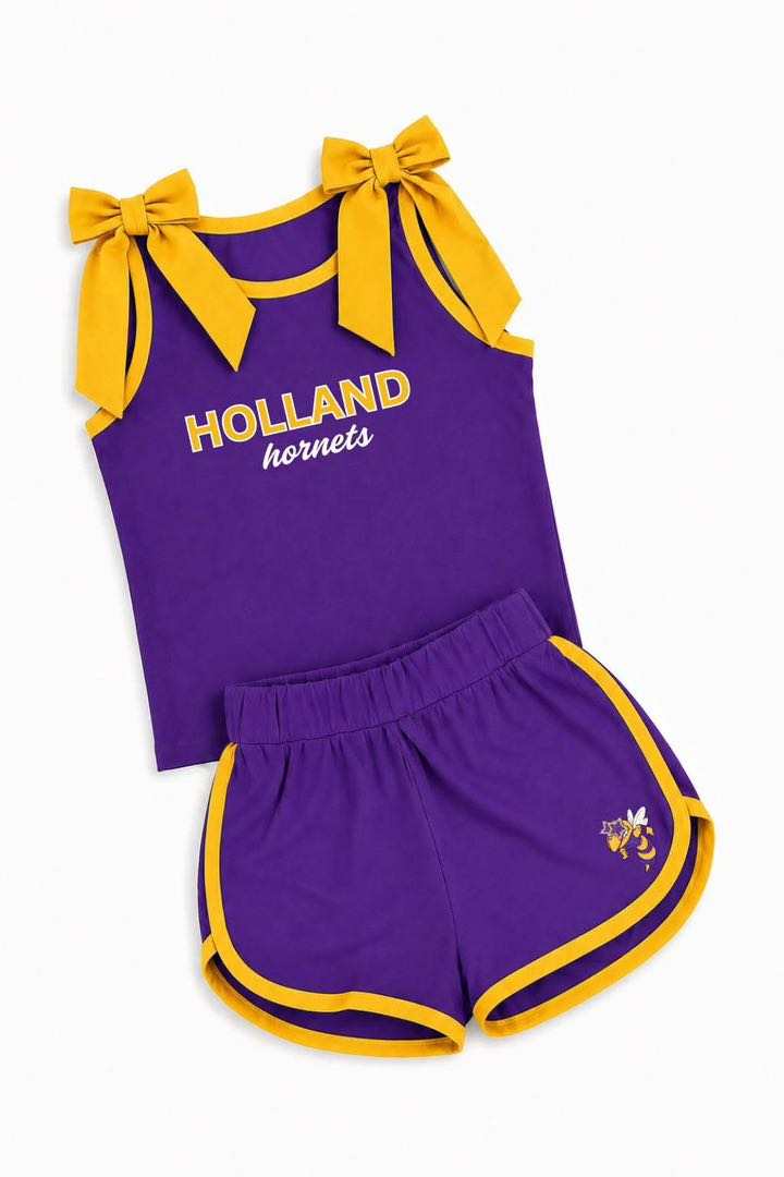 (Custom Design Preorder MOQ 5) Teams Holland Hornets Yellow Bows Vest Top Shorts Girls Summer Yoga Clothes Set
