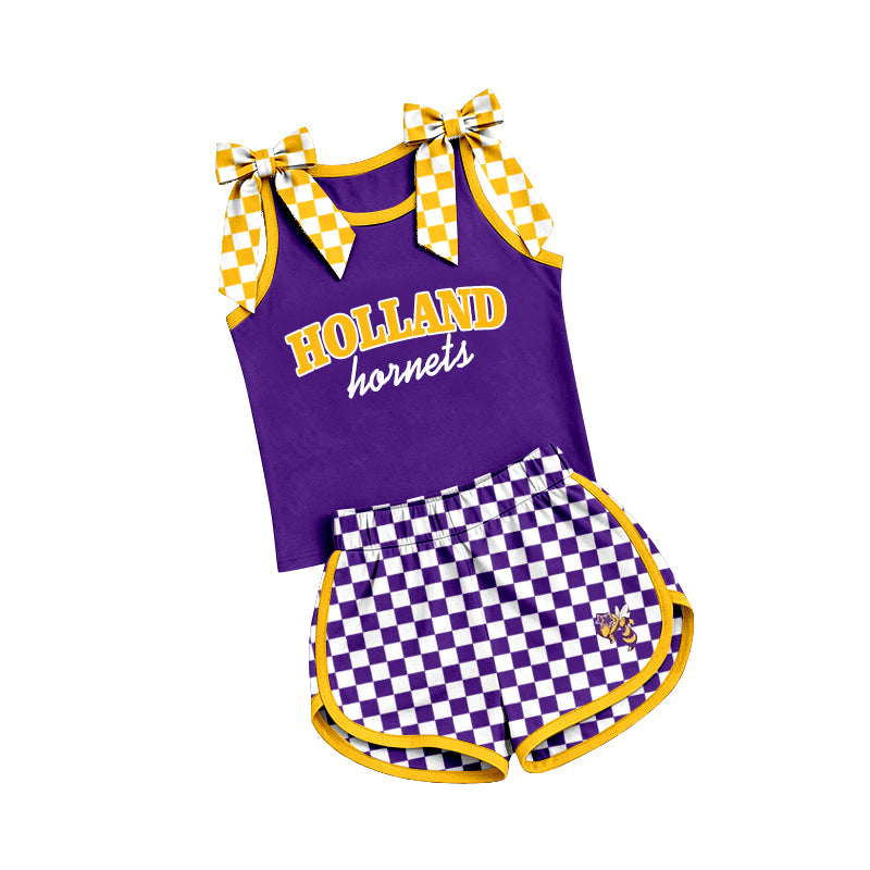 (Custom Design Preorder MOQ 5) Teams Holland Hornets Bows Vest Top Checkerd Shorts Mommy and Me Summer Yoga Clothes Set