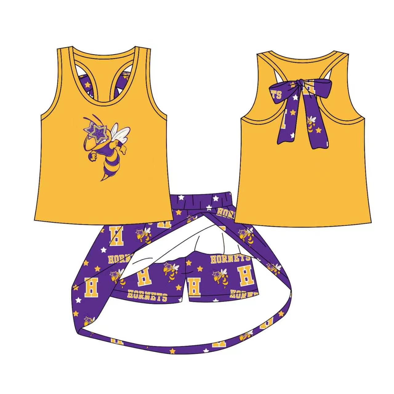 (Custom Design Preorder MOQ 5) Teams Holland hornets Yellow Tank Top Skort Girls Summer Yoga Clothes Set