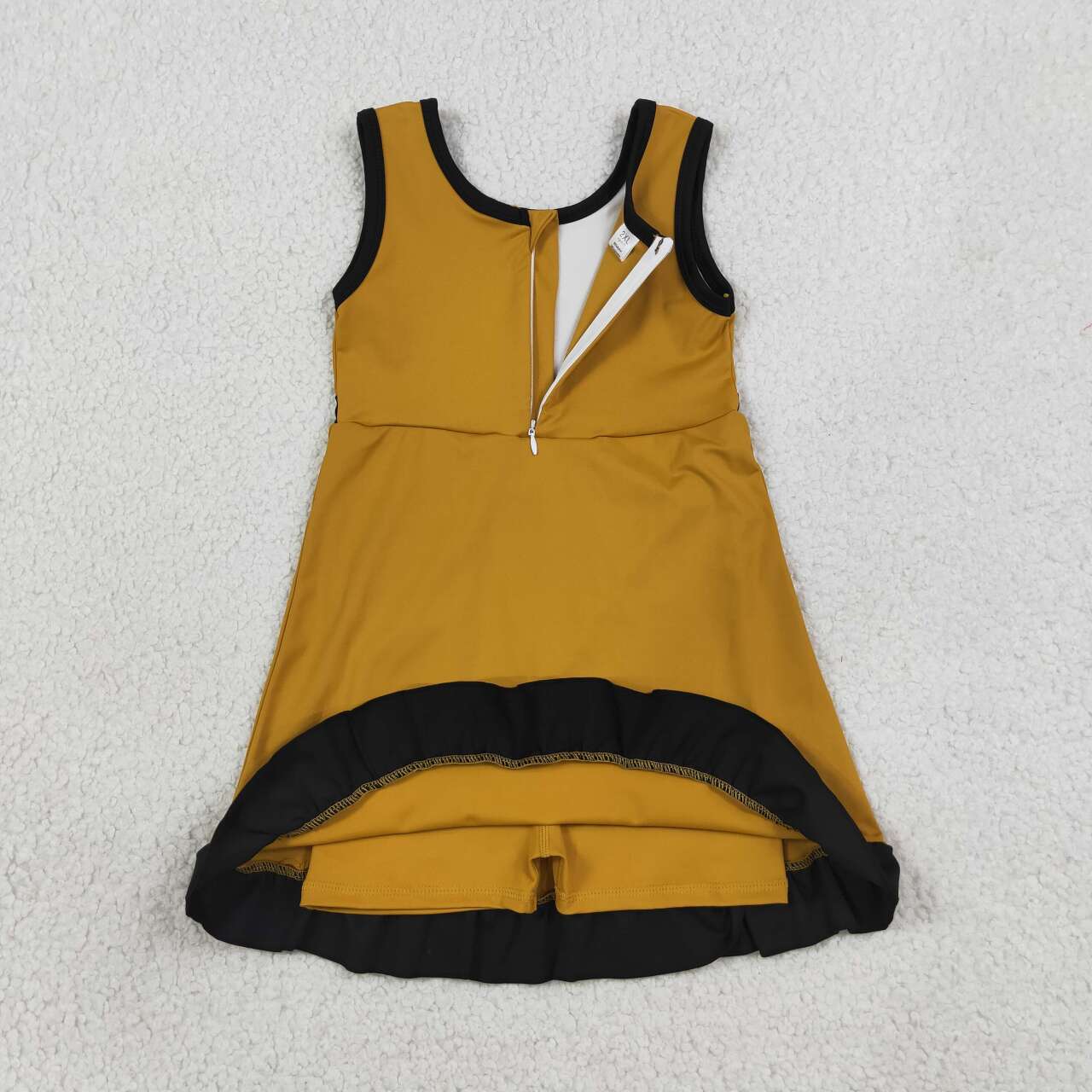 GSD4134 Mustard & Black Girls Sleeveless Ruffle Zipper Yoga Dress