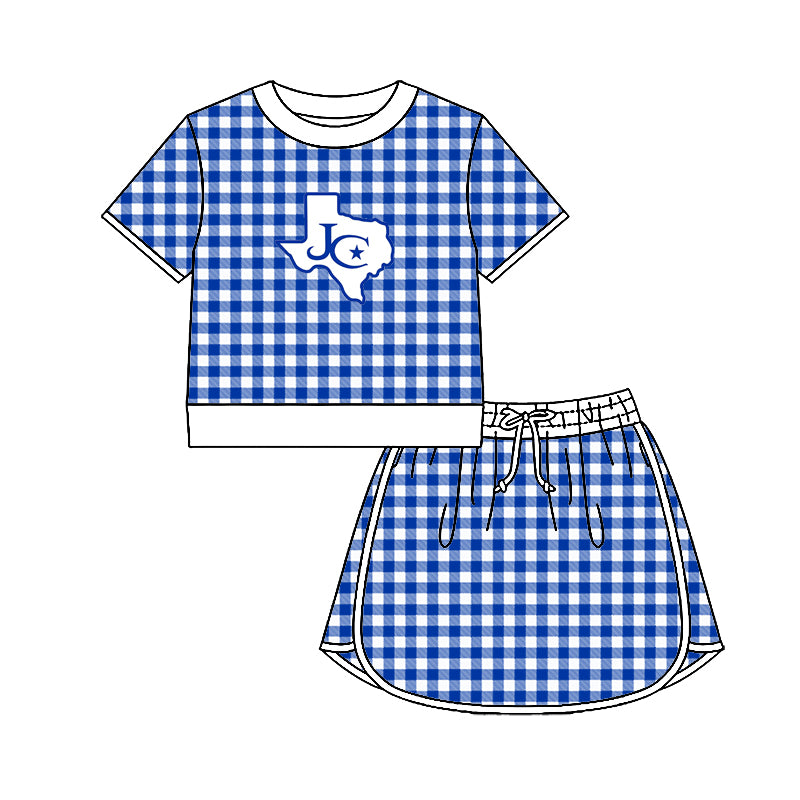 (Custom Design Preorder MOQ 5) Teams Jarrell Cougars Top Blue Checkerd Skort Girls Summer Yoga Clothes Set