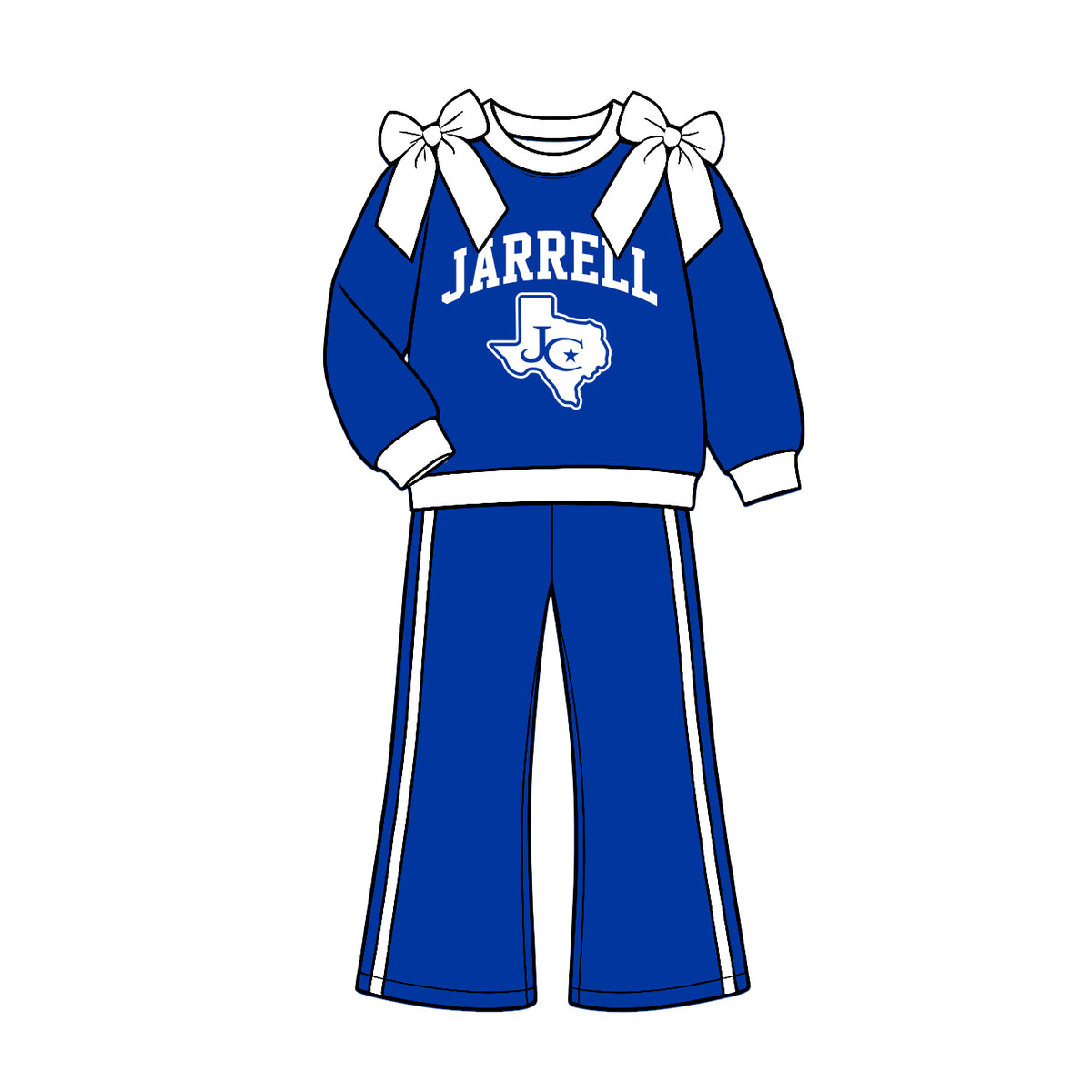 (Custom Design Preorder MOQ 5) Teams Jarrell Cougars White Bows Top Blue Pockets Pants Girls Clothes Set