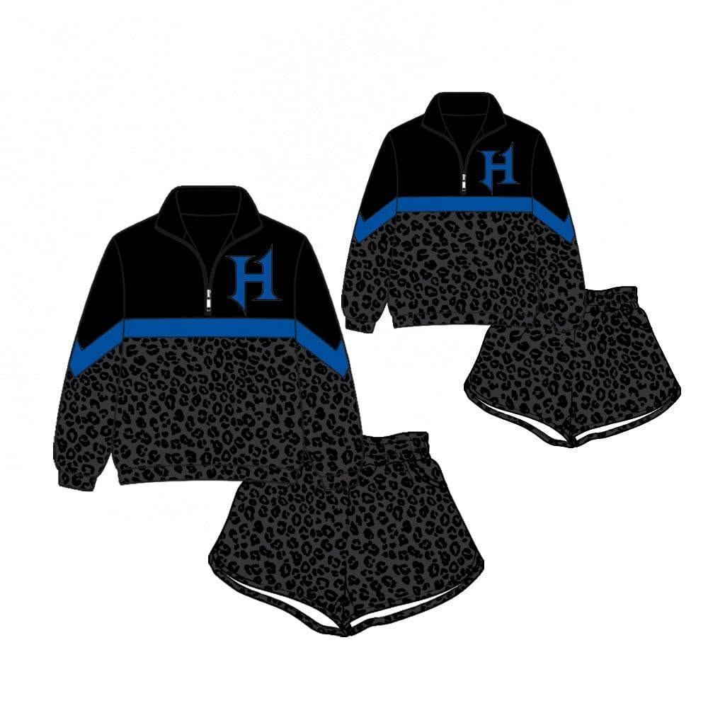 (Custom Design Preorder MOQ 5) Teams Johns Hopkins Blue Jays Long Sleeve Zipper Top Black Leopard Shorts Mommy and Me Outfits