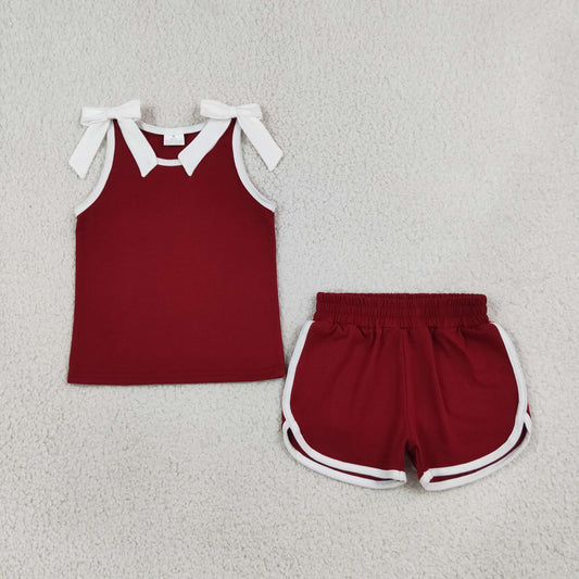 GSSO3855 Teams White Bow Vest Top Wine Pockets Shorts Girls Cotton Summer Clothes Set