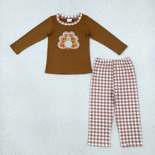 BLP1516 Turkey Embroidery Brown Top Checkered Pants Boys Thanksgiving Clothes Set