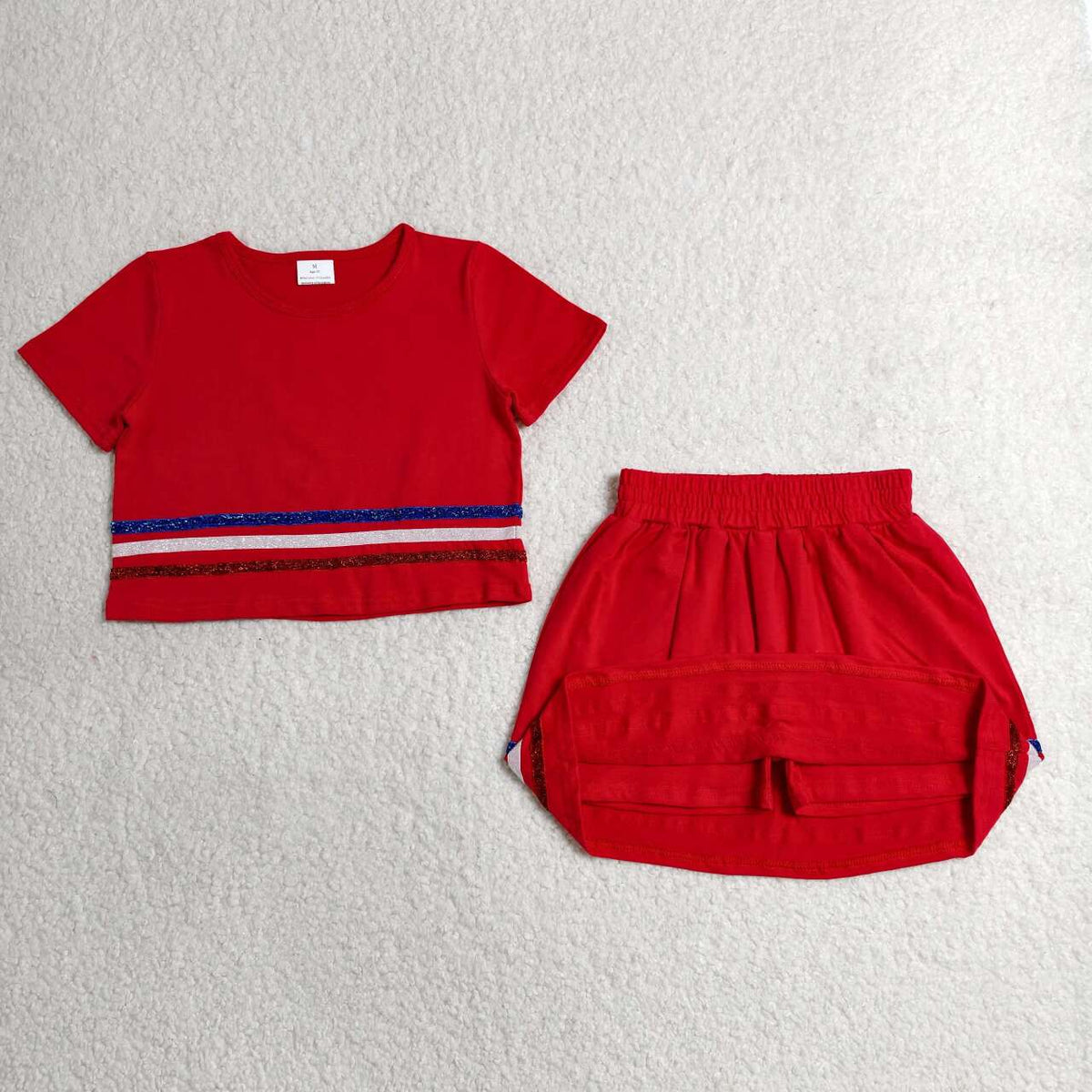 GSD3812 Girls 4th of July Red Cotton Outfits - Sequin Stripe Crop Top & Skort Set