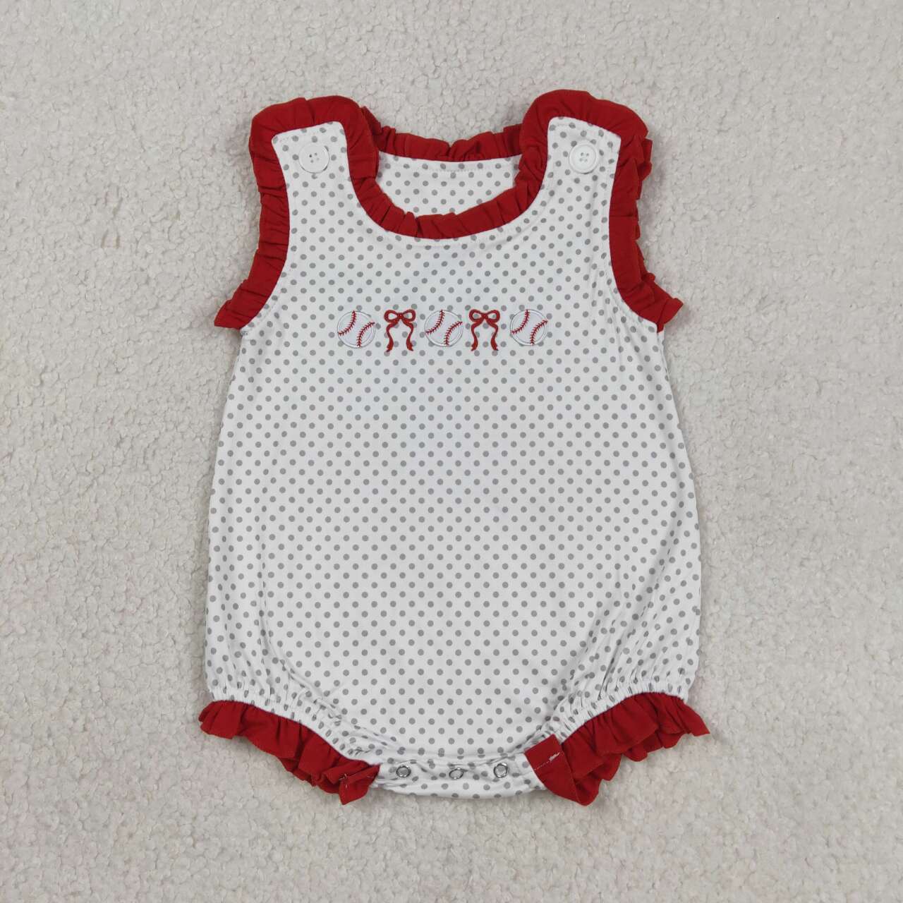 SR3581 Baby Girls Embroidery Baseball Sleeveless Bubble Romper