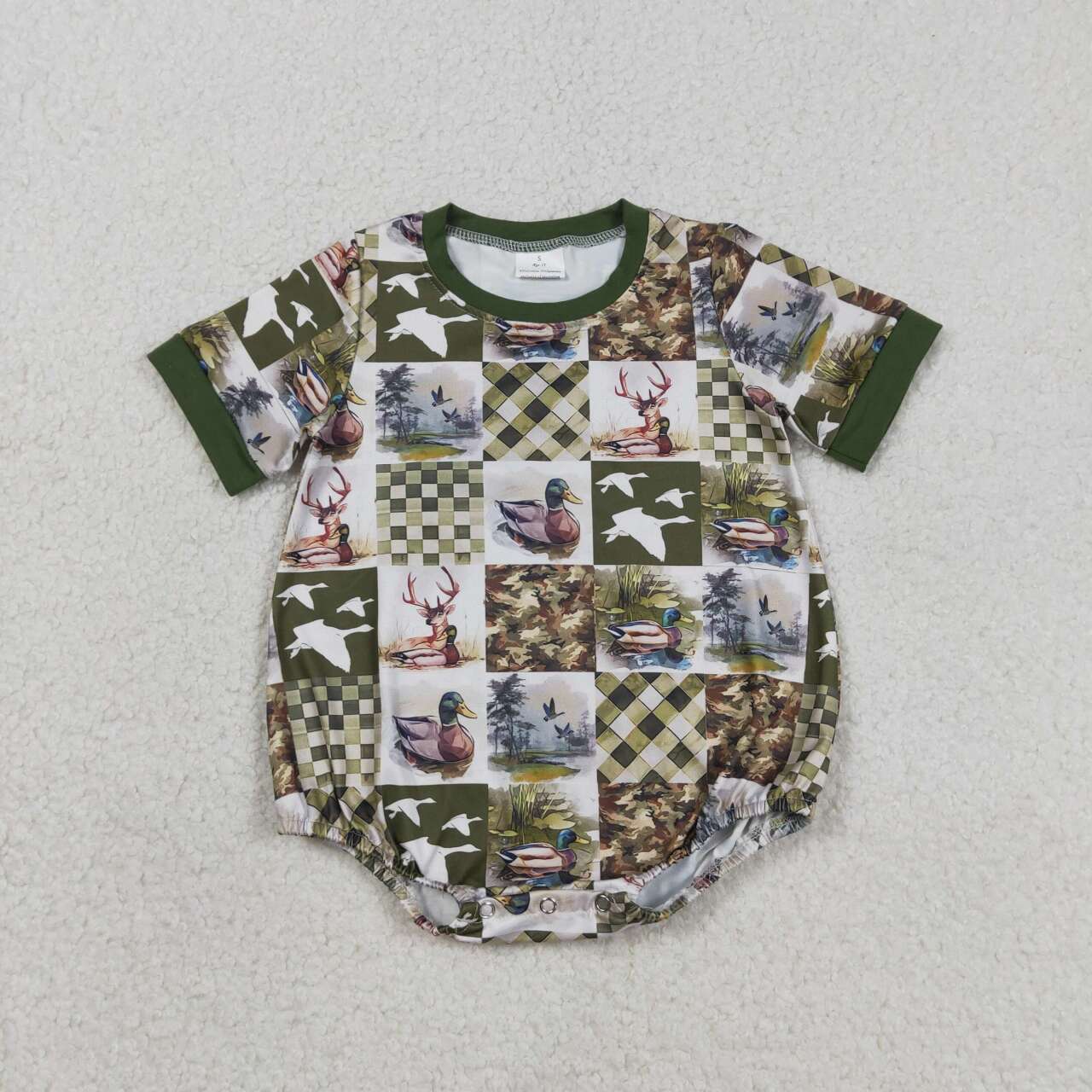 SR3837 Baby Boys Mallard Duck Hunging Deer Short Sleeve Bubble Romper
