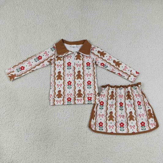 GLD1607 Gingerbread Flowers Bows Print Girls Christmas Outfits - Zipper Top & Skort Set