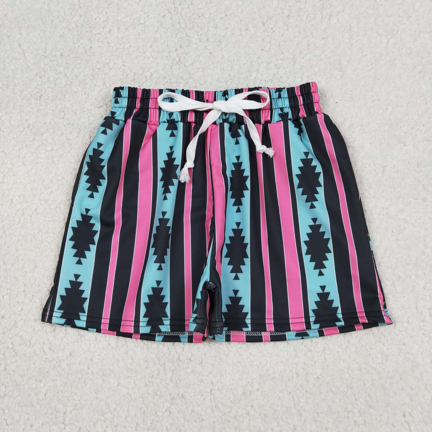 Aztec Stripes Print Boys Western Swim Trunks With Drawstring