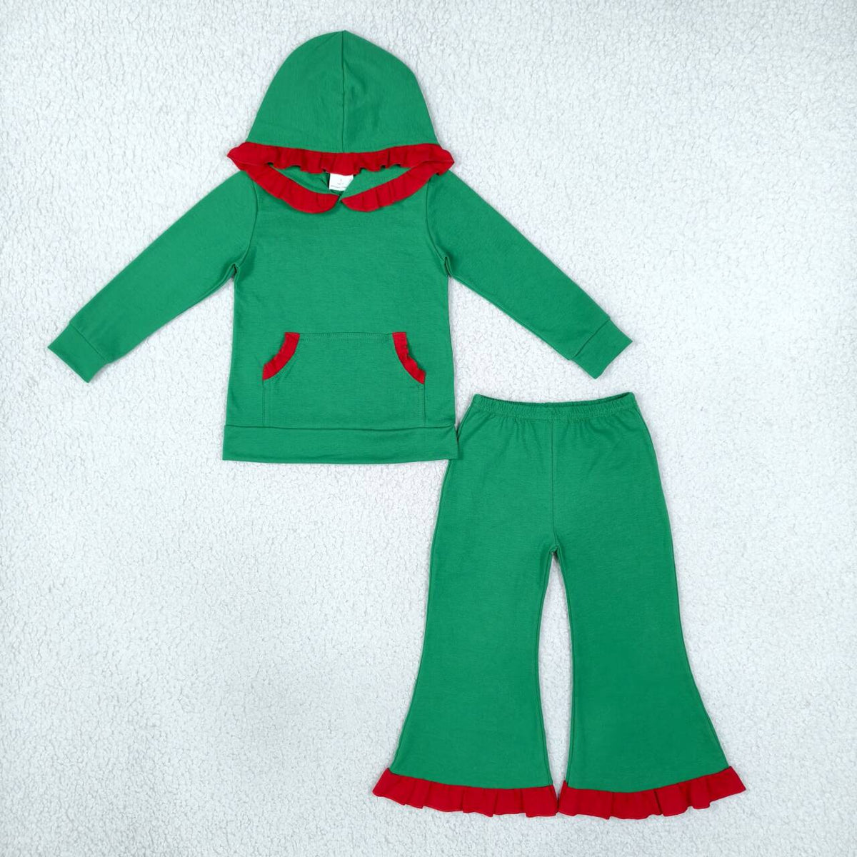 GLP3752 Green Cotton Pocket Hoodie Top Bell Pants Girls Christmas Ruffle Clothes Set