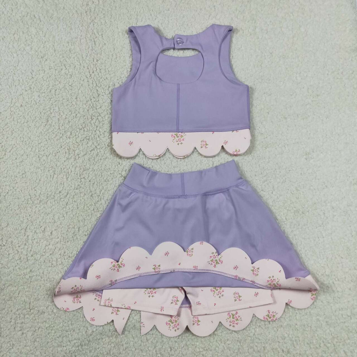GSD3323 Purple Tank Top Bows Skort Girls Scallop Yoga Clothes Set